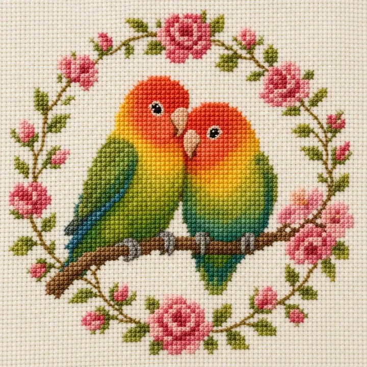 A finished lovebirds cross stitch piece made from a chart you can create here